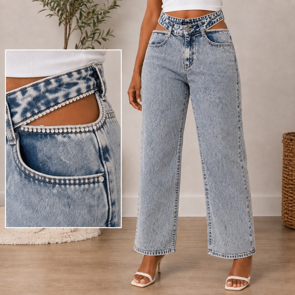 M 75 VENUS Size 8 Acid Wash Cutout Rhinestone High Rise Wide Leg Jeans Y2K